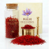 HICH SAFFRON frasco de vidrio frontal mostrando hebras y conservación superior