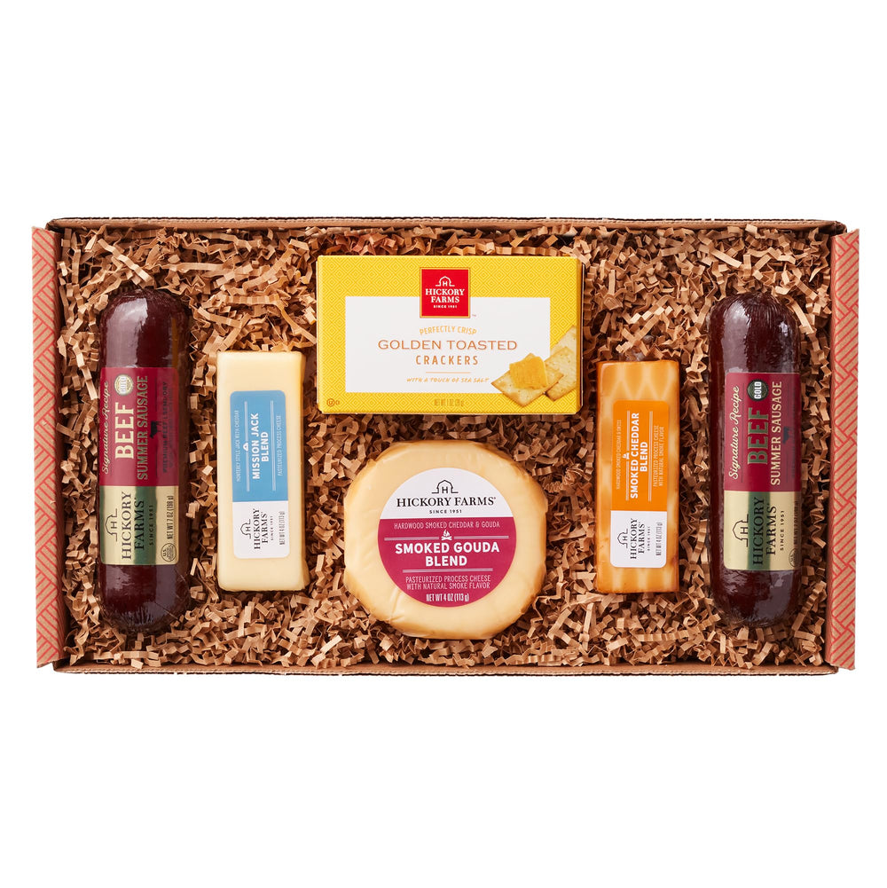 Hickory Farms caja frontal mostrando la selección lista para regalar