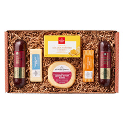 Hickory Farms caja frontal mostrando la selección lista para regalar