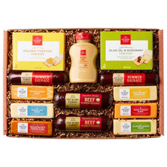 Hickory Farms vista frontal de la canasta lista para regalar y compartir