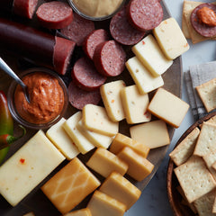 Hickory Farms queso servido en tabla con embutidos, perfecto para reuniones