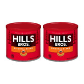 Hills Bros lata frontal mostrando etiqueta y cantidad, conveniencia de almacenamiento