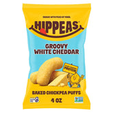 HIPPEAS paquete frontal Groovy White Cheddar mostrando marca y sabor, ideal para meriendas
