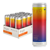 HIYO lata frente con diseño peach mango mostrando sabor frutal y disfrute