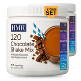 HMR envase frontal del pack de 2 chocolate mostrando la marca y beneficio de 120 calorías
