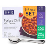 HMR paquete frontal del chili de pavo mostrando información nutricional y beneficio práctico