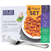 HMR frente del envase mostrando penne y albóndigas listo para calentar