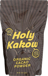 Holy Kakow frente del envase mostrando saco de 14 oz y sello orgánico