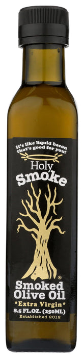 HOLY SMOKE botella frontal mostrando el aceite ahumado y su presentación premium