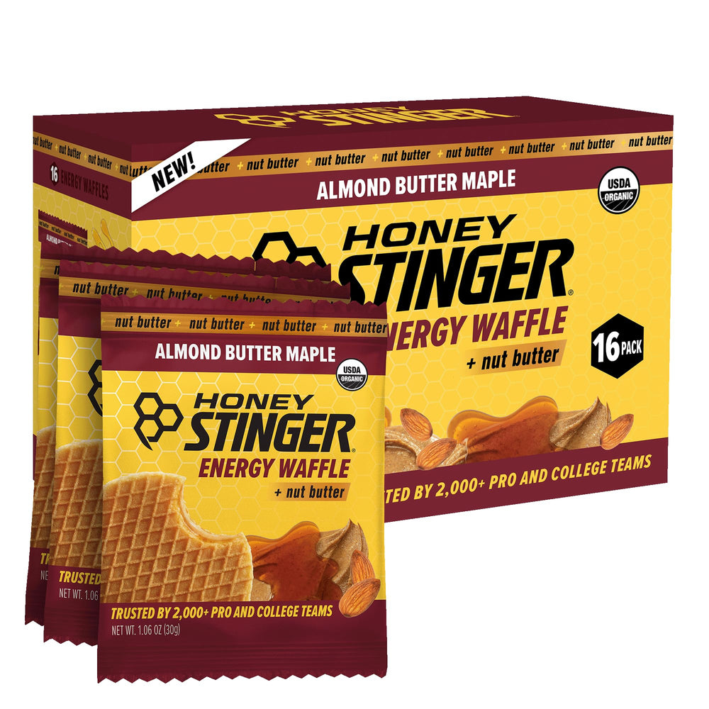 Honey Stinger empaque frontal mostrando caja con 16 waffles y beneficio de energía portátil