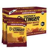 Honey Stinger empaque frontal mostrando caja con 16 waffles y beneficio de energía portátil