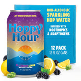 Hoppy Hour lata frontal blackberry‑lemon mostrando diseño y beneficio refrescante