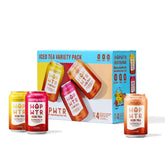 HOPWTR pack frente mostrando las 12 latas y variedad de sabores refrescantes