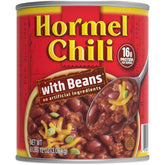 HORMEL Chili vista frontal de la lata grande mostrando la marca y etiqueta