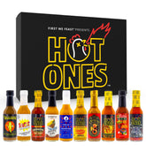Hot Ones frente del paquete con diez botellas mostrando variedad y presentación premium