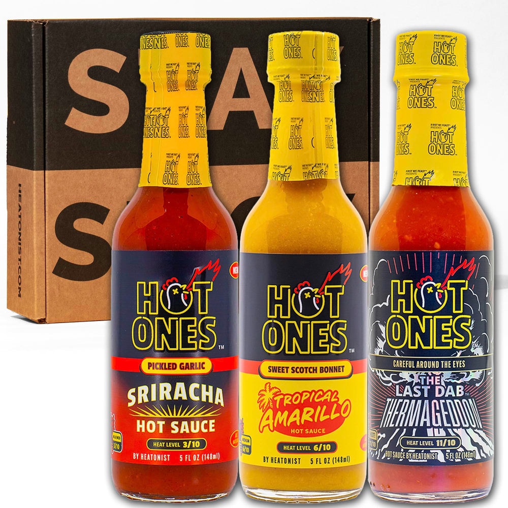 Hot Ones empaque frontal mostrando las tres botellas y variedad