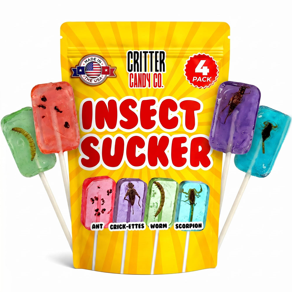 Jerky-n-Spice paleta frontal con insecto visible, impacta en presentaciones