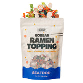 HOXY envase frontal del topping de mariscos mostrando diseño y tamaño