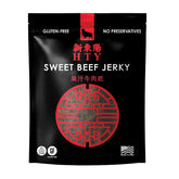 HTY jerky vista frontal del empaque de 14 onzas, práctico y sabroso