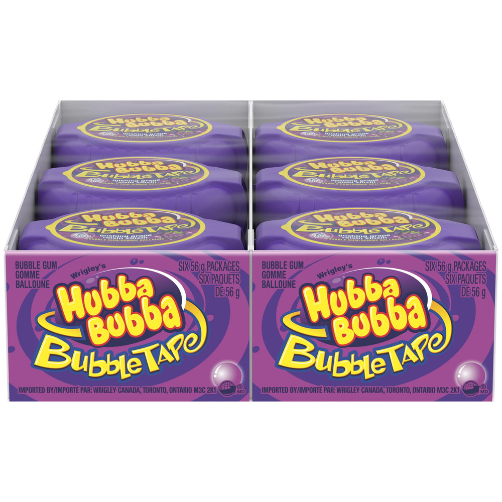 Hubba Bubba frente del empaque mostrando sabor gushing grape y cantidad