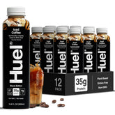Huel botella frontal mostrando etiqueta y beneficios nutricionales