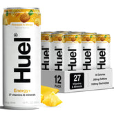Huel Energy+ lata frontal con diseño tropical y información clara