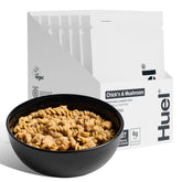 Huel frontal del paquete Chick'n & Mushroom mostrando conveniencia y aporte proteico