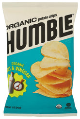 HUMBLE POTATO CHIPS frente del empaque muestra 5 oz y sabor sal marina vinagre