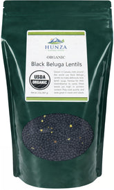 Hunza bolsa frontal mostrando lentejas negras orgánicas y conveniencia