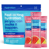 HYDRANT empaque frontal Watermelonade mostrando 30 sobres y beneficios prácticos