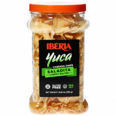 Iberia frasco frontal de chips de yuca mostrando envase práctico y crujido