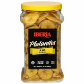 Iberia frasco frontal mostrando chips crujientes y cierre reutilizable, ideal para conservar