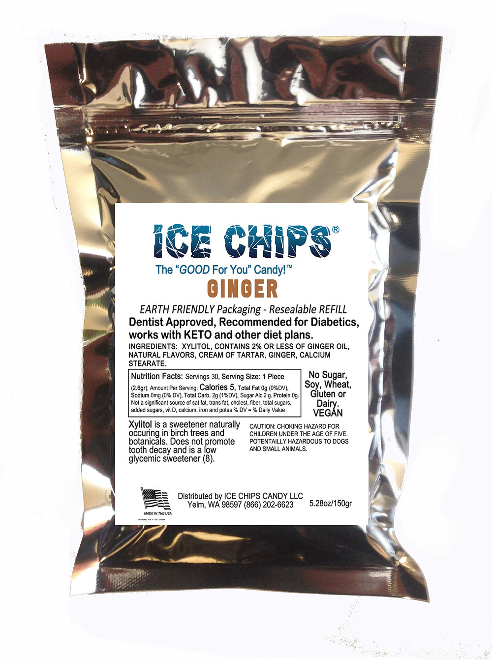ICE CHIPS bolsa frente mostrando etiqueta y beneficio frescura