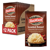 Idahoan frente del paquete mostrando sabor loaded baked y porciones