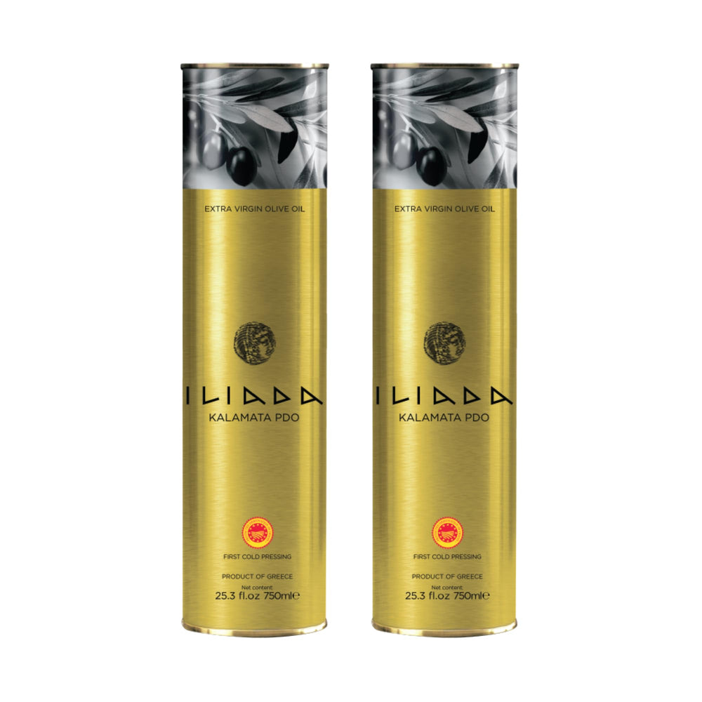 Iliada lata frontal Kalamata 750ml mostrando calidad y protección PDO