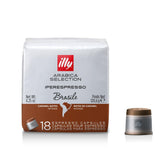 illy paquete frontal de cápsulas Brasile mostrando 18 unidades y conveniencia