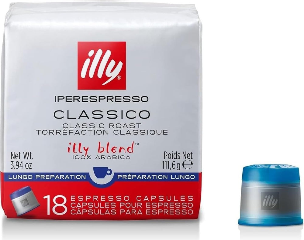 illy paquete frontal de cápsulas Classico Lungo mostrando cantidad y diseño, calidad italiana