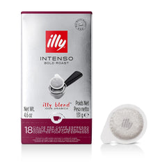 illy empaque frontal Intenso mostrando 18 cápsulas y ventaja de aroma