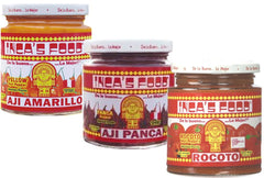 Inca's Food tres frascos frente mostrando etiquetas y variedad de ajíes para cocinar