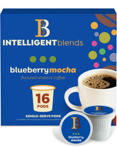 Intelligent Blends caja frontal Blueberry Mocha mostrando diseño y conteo 16ct, atractivo visual