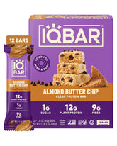 IQBAR empaque frontal mostrando Almond Butter Chip y beneficios limpios