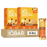 IQBAR empaque frontal Banana Nut mostrando caja de 24 unidades y conveniencia