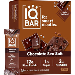 IQBAR Chocolate Sea Salt frente del empaque mostrando caja de 12 unidades y conveniencia