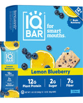 IQBAR paquete frontal mostrando sabor limón arándano y beneficios bajos en azúcar