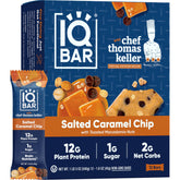 IQBAR envase frontal mostrando sabor salted caramel chip y beneficios