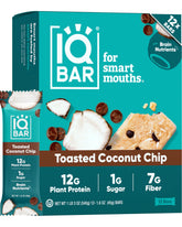 IQBAR empaque frontal Toasted Coconut Chip mostrando sabor y certificación clean label
