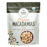 Island Harvest envase frontal mostrando macadamias orgánicas y beneficios naturales