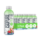 Isopure botella frontal con diseño claro y sabor fresa kiwi, refresco proteico