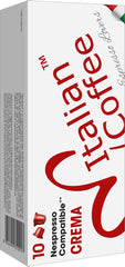 Italian Coffee Pods envase frontal mostrando 100 cápsulas, conveniencia y sabor