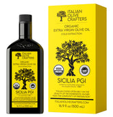 Italian Olive Crafters botella frontal mostrando etiqueta y beneficio conservación